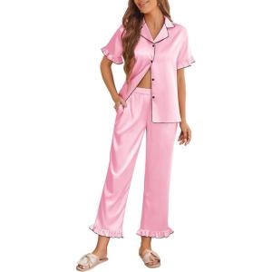 Ekouaer Silk Pajamas for Women Satin Short Sleeve Pajamas Set with Ruffle 2 Pieces Button Down Tops and Pants(Pink)