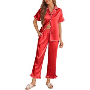 Ekouaer Silk Pajamas for Women Satin Short Sleeve Pajamas Set with Ruffle 2 Pieces Button Down Tops and Pants(Red)