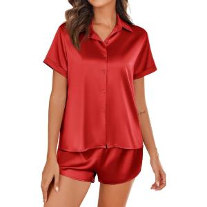 Ekouaer Silk Pajamas for Women Short Sleeve Satin Pajama Set 2 Piece Button Down Loungewear S-XXL(Red)