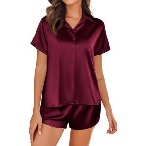 Ekouaer Silk Pajamas for Women Short Sleeve Satin Pajama Set 2 Piece Button Down Loungewear S-XXL(Wine Red)