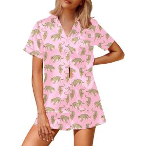 Ekouaer Silk Satin Pajamas 2 Piece Pajamas for Women Set Button Down PJ Short Sleeve and Shorts Pjs Lounge Sets(2-pink With Cheetah)