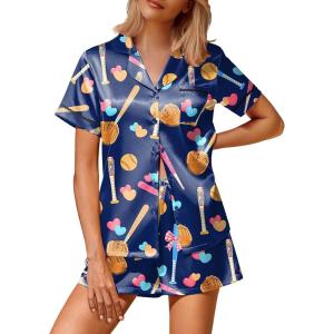 Ekouaer Silk Satin Pajamas 2 Piece Pajamas for Women Set Button Down PJ Short Sleeve and Shorts Pjs Lounge Sets(Bat Dark Blue)