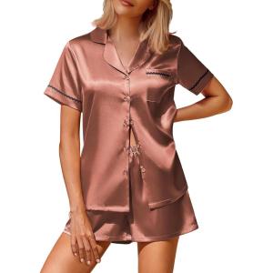 Ekouaer Silk Satin Pajamas 2 Piece Pajamas for Women Set Button Down PJ Short Sleeve and Shorts Pjs Lounge Sets(Caramel)