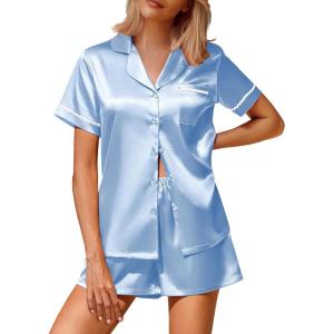 Ekouaer Silk Satin Pajamas 2 Piece Pajamas for Women Set Button Down PJ Short Sleeve and Shorts Pjs Lounge Sets(Clear Blue)