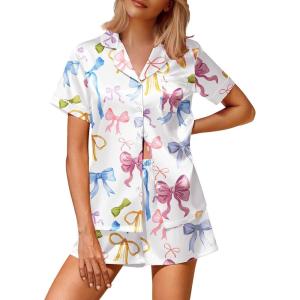 Ekouaer Silk Satin Pajamas 2 Piece Pajamas for Women Set Button Down PJ Short Sleeve and Shorts Pjs Lounge Sets(Colorful Bow)