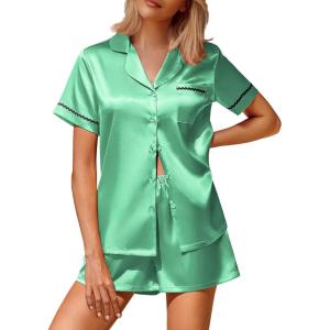 Ekouaer Silk Satin Pajamas 2 Piece Pajamas for Women Set Button Down PJ Short Sleeve and Shorts Pjs Lounge Sets(Green)