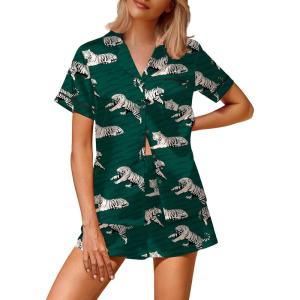 Ekouaer Silk Satin Pajamas 2 Piece Pajamas for Women Set Button Down PJ Short Sleeve and Shorts Pjs Lounge Sets(Grenn Tiger)