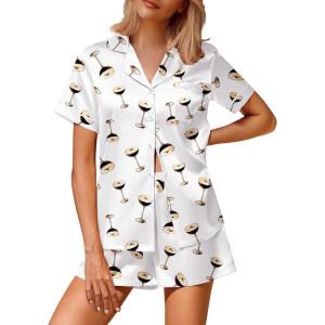 Ekouaer Silk Satin Pajamas 2 Piece Pajamas for Women Set Button Down PJ Short Sleeve and Shorts Pjs Lounge Sets(Martini White)