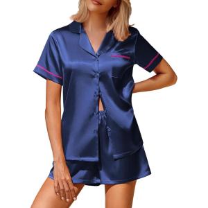 Ekouaer Silk Satin Pajamas 2 Piece Pajamas for Women Set Button Down PJ Short Sleeve and Shorts Pjs Lounge Sets(Navy Blue)
