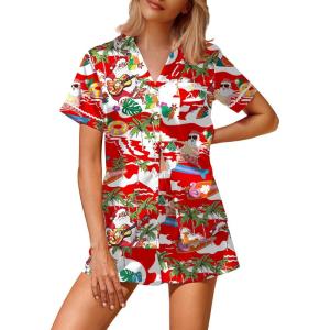 Ekouaer Silk Satin Pajamas 2 Piece Pajamas for Women Set Button Down PJ Short Sleeve and Shorts Pjs Lounge Sets(Red-santa Claus on Vacation)