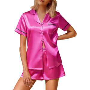 Ekouaer Silk Satin Pajamas 2 Piece Pajamas for Women Set Button Down PJ Short Sleeve and Shorts Pjs Lounge Sets(Rose Red)