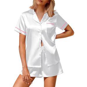 Ekouaer Silk Satin Pajamas 2 Piece Pajamas for Women Set Button Down PJ Short Sleeve and Shorts Pjs Lounge Sets(White)