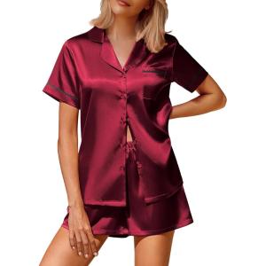 Ekouaer Silk Satin Pajamas 2 Piece Pajamas for Women Set Button Down PJ Short Sleeve and Shorts Pjs Lounge Sets(Wine Red)