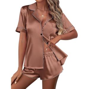 Ekouaer Silk Satin Pajamas Set Short Sleeve Pj Sets Black & White Contrast Piping Pjs Button Down Lounge Sets 2 Piece(Brown)