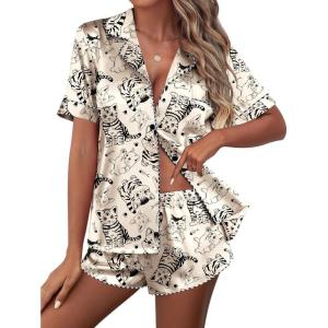 Ekouaer Silk Satin Pajamas Set Short Sleeve Pj Sets Black & White Contrast Piping Pjs Button Down Lounge Sets 2 Piece(Hand-drawn Cat)