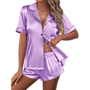 Ekouaer Silk Satin Pajamas Set Short Sleeve Pj Sets Black & White Contrast Piping Pjs Button Down Lounge Sets 2 Piece(Lavender Purple)