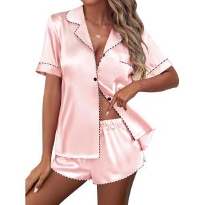 Ekouaer Silk Satin Pajamas Set Short Sleeve Pj Sets Black & White Contrast Piping Pjs Button Down Lounge Sets 2 Piece(Light Pink)