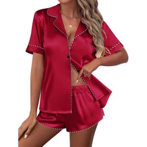 Ekouaer Silk Satin Pajamas Set Short Sleeve Pj Sets Black & White Contrast Piping Pjs Button Down Lounge Sets 2 Piece(Wine Red)