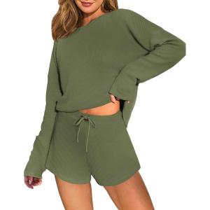 Ekouaer Waffle Knit Pajama Sets for Women Solid Lounge Sets Long Sleeve Top and Shorts Pjs S-XXL(Green)