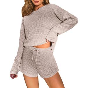 Ekouaer Waffle Knit Pajama Sets for Women Solid Lounge Sets Long Sleeve Top and Shorts Pjs S-XXL(Light Khaki)