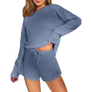 Ekouaer Waffle Knit Pajama Sets for Women Solid Lounge Sets Long Sleeve Top and Shorts Pjs S-XXL(Navy Blue)