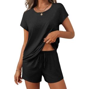 Ekouaer Women 2 Piece Pajamas Set Short Sleeve Comfy Lounge Set Round Neck Tops and Shorts Pjs with Pockets(Black)