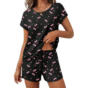 Ekouaer Women 2 Piece Pajamas Set Short Sleeve Comfy Lounge Set Round Neck Tops and Shorts Pjs with Pockets(Black Cherry)