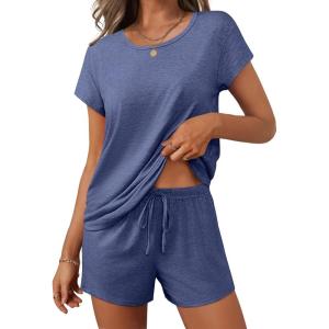 Ekouaer Women 2 Piece Pajamas Set Short Sleeve Comfy Lounge Set Round Neck Tops and Shorts Pjs with Pockets(Dark Blue)
