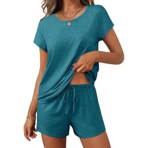 Ekouaer Women 2 Piece Pajamas Set Short Sleeve Comfy Lounge Set Round Neck Tops and Shorts Pjs with Pockets(Dark Green)