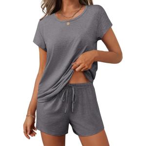 Ekouaer Women 2 Piece Pajamas Set Short Sleeve Comfy Lounge Set Round Neck Tops and Shorts Pjs with Pockets(Grey)