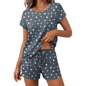 Ekouaer Women 2 Piece Pajamas Set Short Sleeve Comfy Lounge Set Round Neck Tops and Shorts Pjs with Pockets(Grey Star)