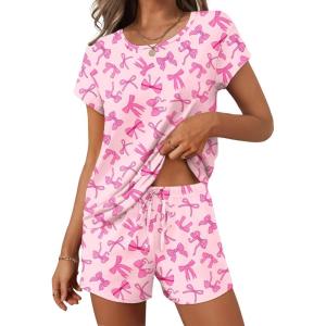 Ekouaer Women 2 Piece Pajamas Set Short Sleeve Comfy Lounge Set Round Neck Tops and Shorts Pjs with Pockets(Pink Bow)