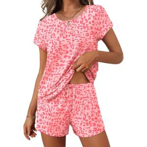 Ekouaer Women 2 Piece Pajamas Set Short Sleeve Comfy Lounge Set Round Neck Tops and Shorts Pjs with Pockets(Pink Leopard)