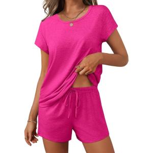 Ekouaer Women 2 Piece Pajamas Set Short Sleeve Comfy Lounge Set Round Neck Tops and Shorts Pjs with Pockets(Rose Red)