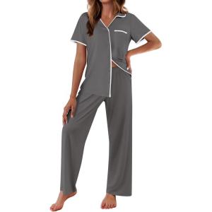 Ekouaer Women Pajamas Button Down Notch Collar Soft Short Sleeve Pjs with Long Pant Lounge Set(Dark Gray)