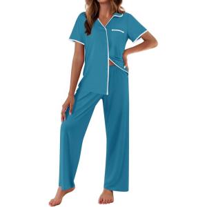Ekouaer Women Pajamas Button Down Notch Collar Soft Short Sleeve Pjs with Long Pant Lounge Set(Green)