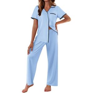 Ekouaer Women Pajamas Button Down Notch Collar Soft Short Sleeve Pjs with Long Pant Lounge Set(Light Blue)