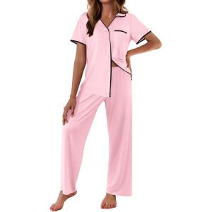 Ekouaer Women Pajamas Button Down Notch Collar Soft Short Sleeve Pjs with Long Pant Lounge Set(Light Pink)