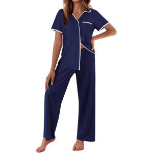 Ekouaer Women Pajamas Button Down Notch Collar Soft Short Sleeve Pjs with Long Pant Lounge Set(Navy Blue)