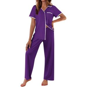 Ekouaer Women Pajamas Button Down Notch Collar Soft Short Sleeve Pjs with Long Pant Lounge Set(Purple)