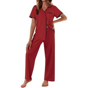 Ekouaer Women Pajamas Button Down Notch Collar Soft Short Sleeve Pjs with Long Pant Lounge Set(Wine Red)