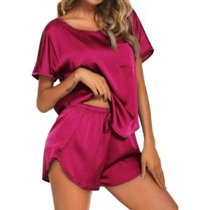 Ekouaer Women Satin Pajama Set Short Sleeve Lightweight Silk Pajama Set 2 Piece Lounge Sets with Shorts(Hot Pink)
