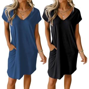 Ekouaer Womens 2 Pack Nightgown V Neck Sleepshirt Short Sleeve Nightshirt Plain/Floral Pajama Dress with Pockets(Black and Blue)