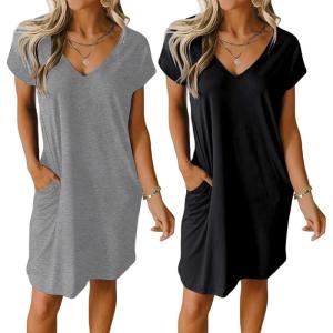 Ekouaer Womens 2 Pack Nightgown V Neck Sleepshirt Short Sleeve Nightshirt Plain/Floral Pajama Dress with Pockets(Black and Dark Grey)