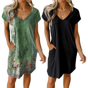 Ekouaer Womens 2 Pack Nightgown V Neck Sleepshirt Short Sleeve Nightshirt Plain/Floral Pajama Dress with Pockets(Black and Green Floral)