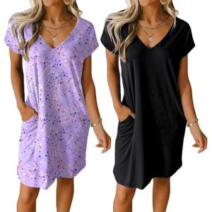 Ekouaer Womens 2 Pack Nightgown V Neck Sleepshirt Short Sleeve Nightshirt Plain/Floral Pajama Dress with Pockets(Black and Stars)