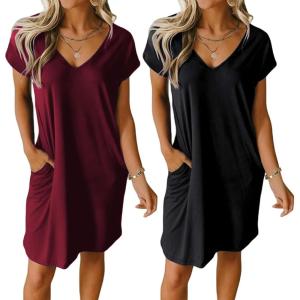 Ekouaer Womens 2 Pack Nightgown V Neck Sleepshirt Short Sleeve Nightshirt Plain/Floral Pajama Dress with Pockets(Black and Wine Red)