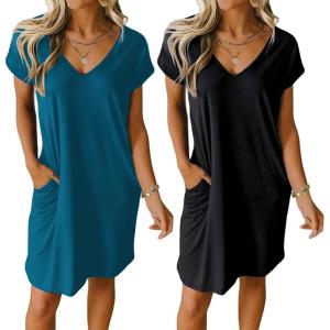 Ekouaer Womens 2 Pack Nightgown V Neck Sleepshirt Short Sleeve Nightshirt Plain/Floral Pajama Dress with Pockets(Black+blue Green)