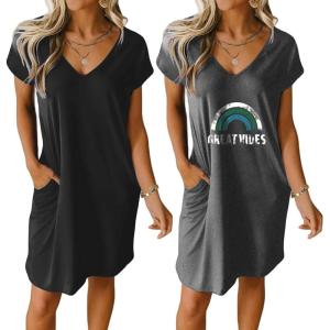 Ekouaer Womens 2 Pack Nightgown V Neck Sleepshirt Short Sleeve Nightshirt Plain/Floral Pajama Dress with Pockets(Black+letter)