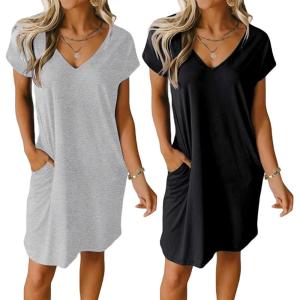 Ekouaer Womens 2 Pack Nightgown V Neck Sleepshirt Short Sleeve Nightshirt Plain/Floral Pajama Dress with Pockets(Black+light Gray)